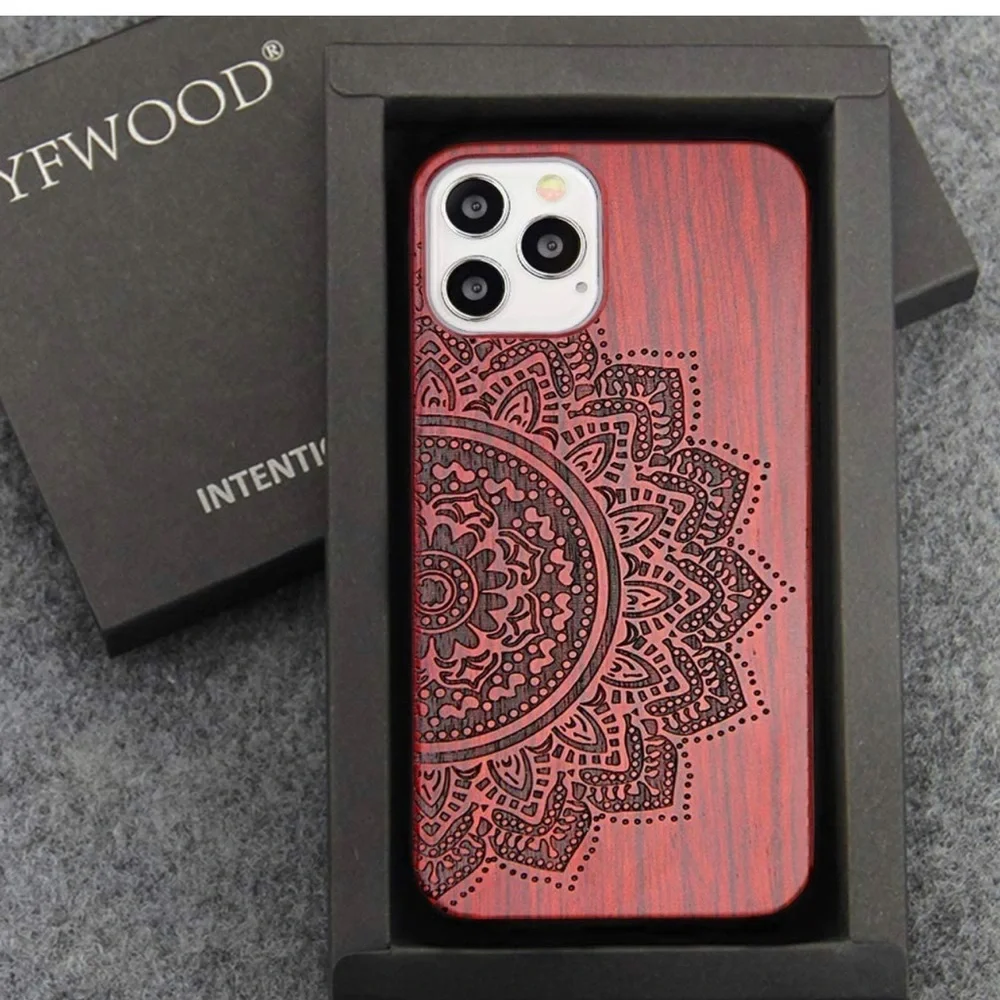 Wood Engraved Case Slim Protective Cover Bumper Case for Apple iPhone 12/12 Pro - Picture 3 of 11